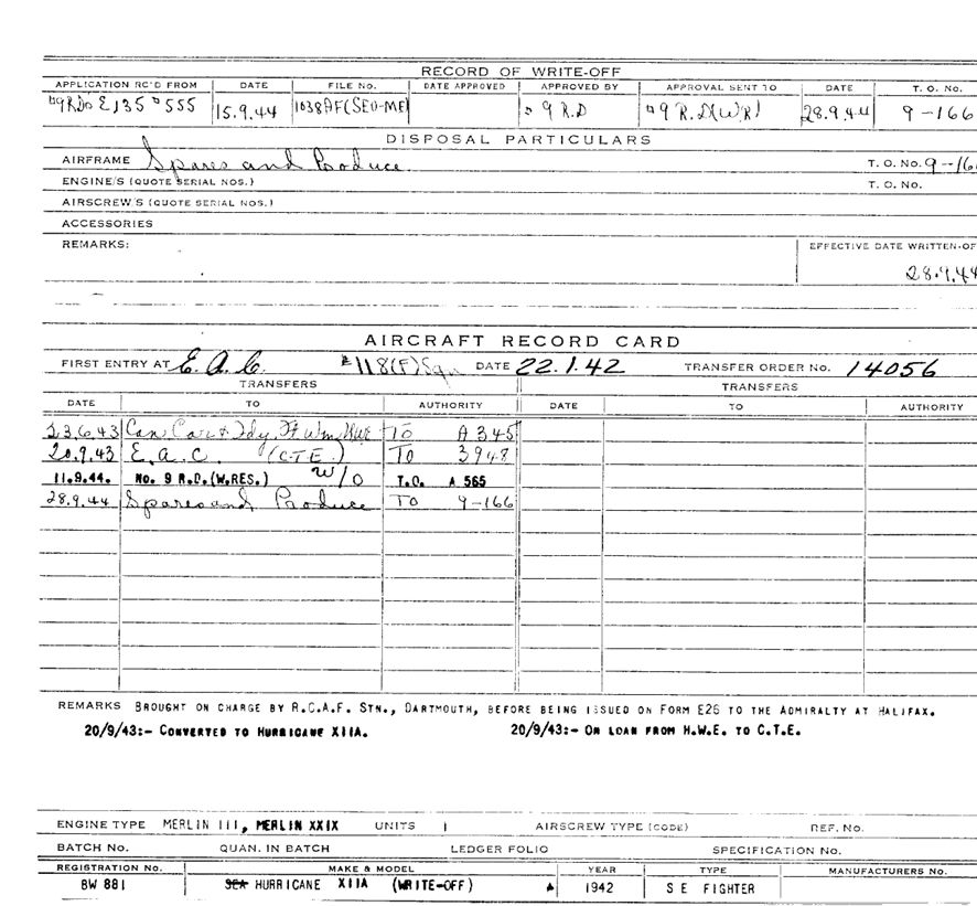 Randy's Warbird Profiles: Hawker Hurricane Mk.XIIA 20 BW881 Record Card