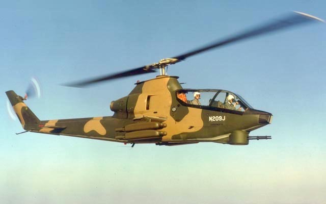 Bell 209 prototype of the AH 1 Cobra series with skids retracted FAA no. N209J