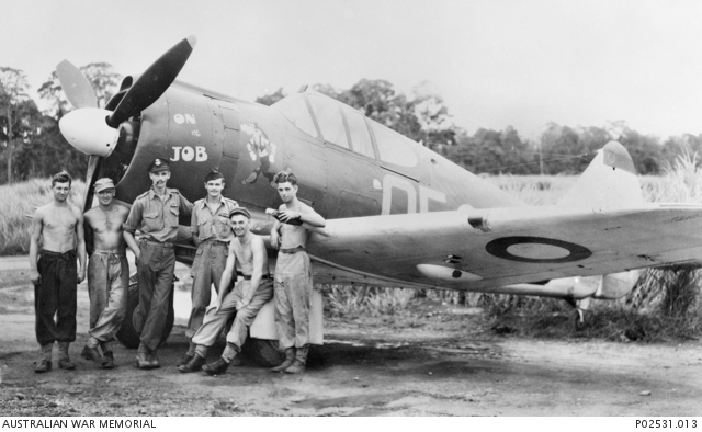 A CAC Boomerang fighter and ground crew of No. 4 Squadron in New Guinea during October, 1943. (photo via Wikipedia)