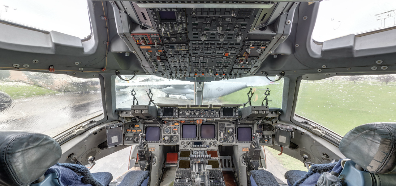 The cockpit of the Boeing C-17 Superfortress. ACI Cockpit360º app available from the museum and AeroCapture Images ( Image by National Museum of the U.S. Air Force).