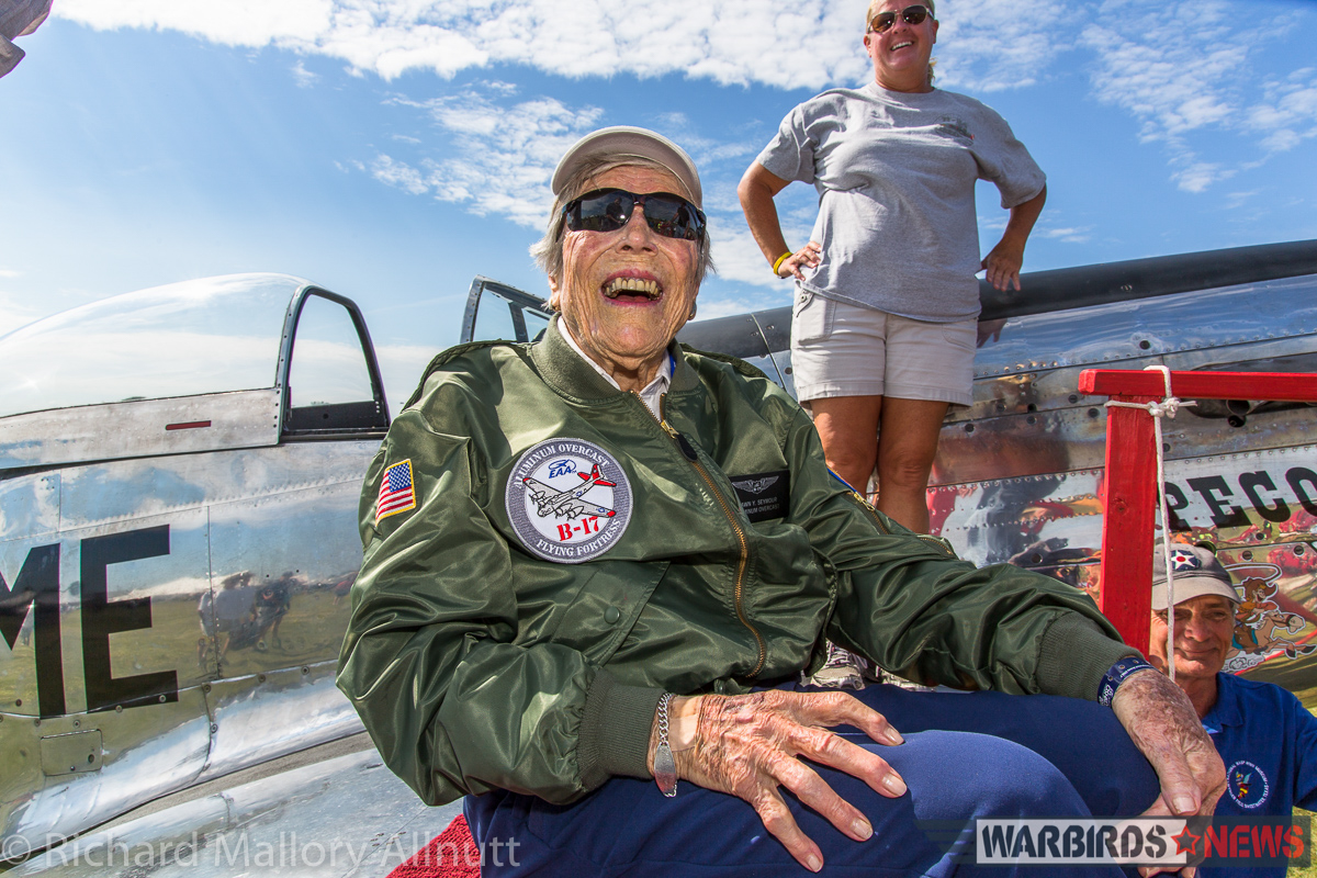 At 99, former WASP Dawn Seymour grins from ear to ear after a flight with Cowden Ward in his P-51D Mustang, Pecos Bill. (photo by Richard Mallory Allnutt)
