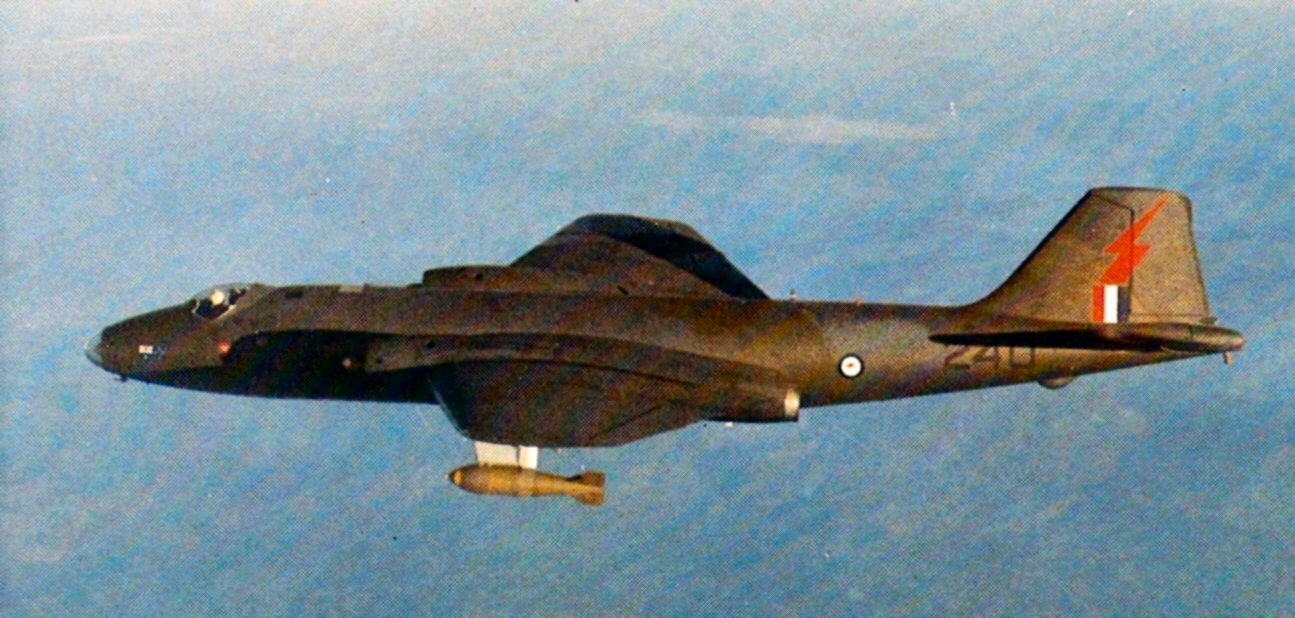 A No. 2 Squadron RAAF Canberra over the combat zone during the Vietnam War in 1970. (photo via Wikipedia)