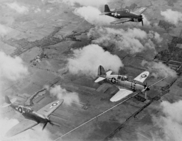 Captured J2M with F6F Hellcat and Seafire over the Philippines 1945 Wikimedia Commons 1