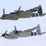 Close up of Mosquitoes PZ474 top and NZ2308 bottom flying in a formation pass. The Mosquitos were flown by Bernie Vasquez and Steve Hinton Sr