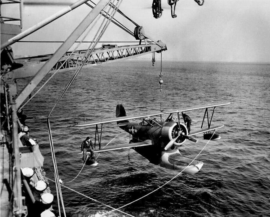 Randy's Warbird Profiles: Grumman J2F-6 Duck 35 Coast Guard J2F Duck being launched from the deck of a USCG cutter somewhere in the Pacific