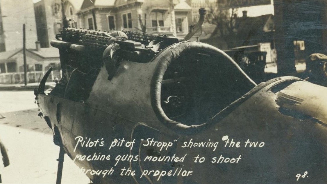 Cockpit of Stropp on Capitol Avenue Houston Texas Feb. Mar. 1919. Note the damage to the upper fuselage just fat of the cockpit. National Air and Space Museum