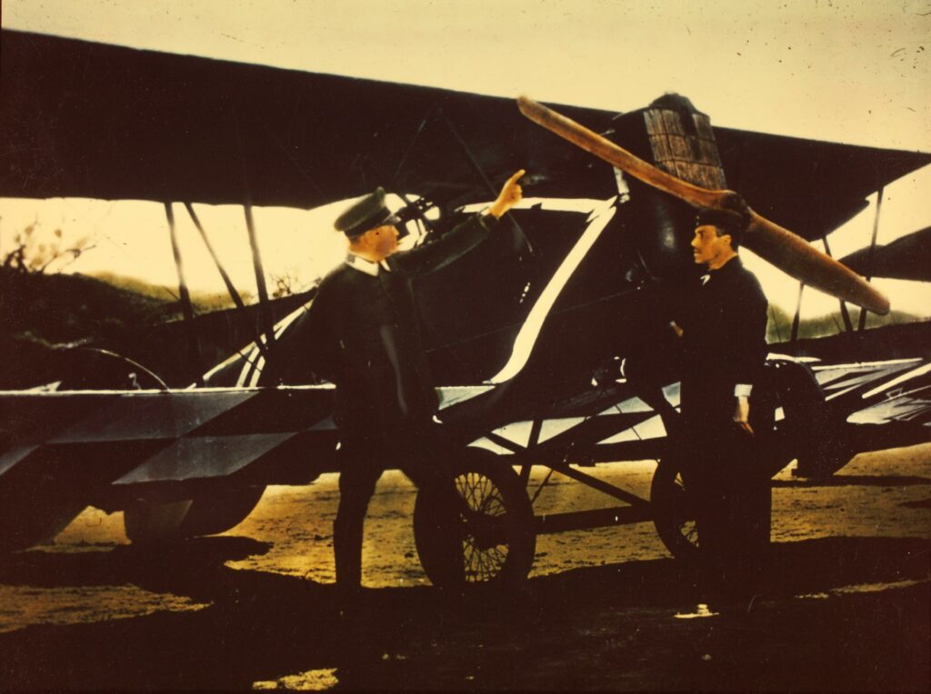 Colorized scene from the film The Dawn Patrol 1930 featuring one of the Crawford Pfalz D.XIIs San Diego Air and Space Museum Archives 1