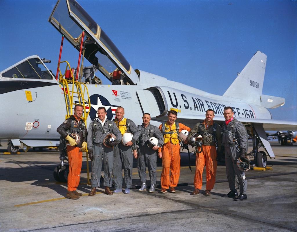 Convair F 106B Delta Dart s n 59 0158 with the original seven Mercury Astronauts