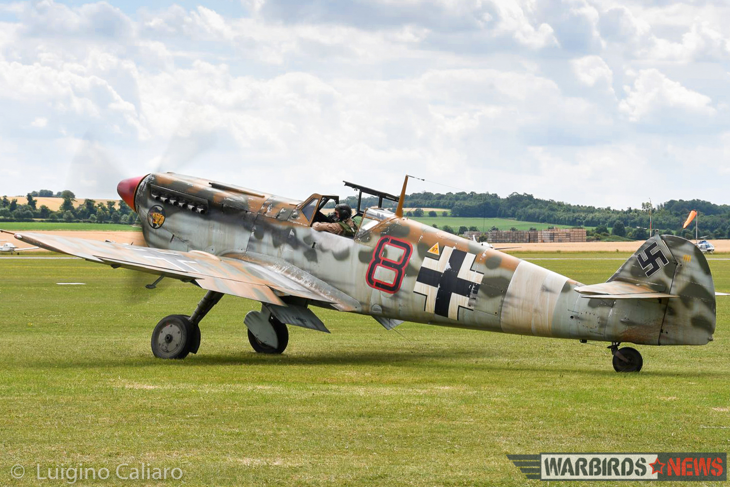 ARCo's Hispano Buchon mocked up in desert cammo as a JG27 Bf 109E. The paint is water soluble. (photo by Luigino Caliaro) (photo by Luigino Caliaro)