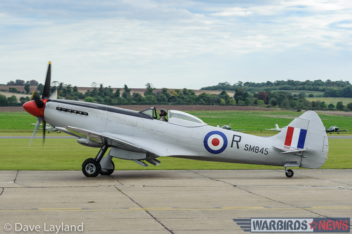 Supermarine Spitfire FR.XVIIIe SM845, owned by Richard Lake, taxies out marked as a 28 Squadron example. (photo by Dave Layland)