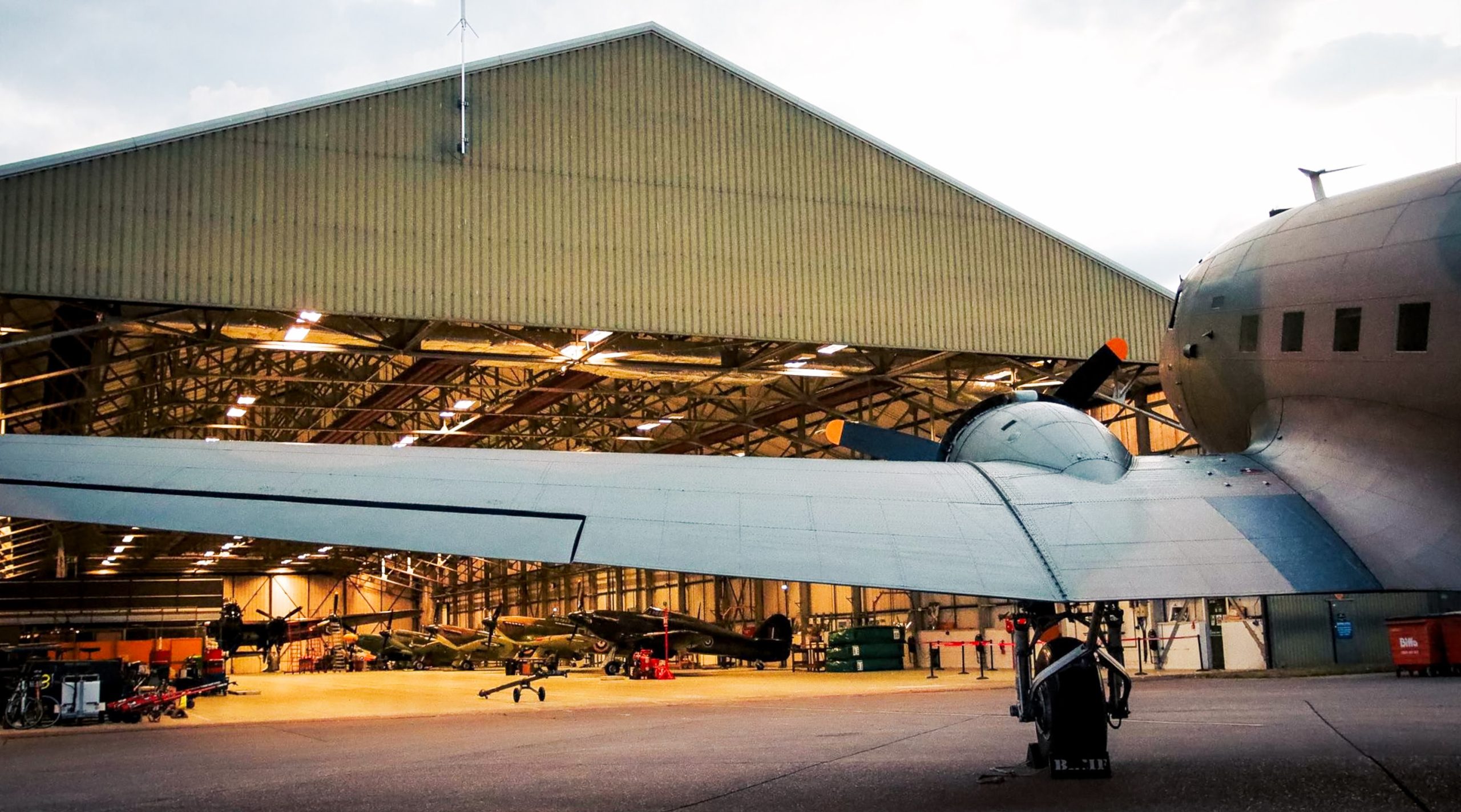 Dakota ZA947 ready to be moved inside the BBMF hangar on the evening of 29th August. Home at last Photo Kiran Lear via BBMF scaled