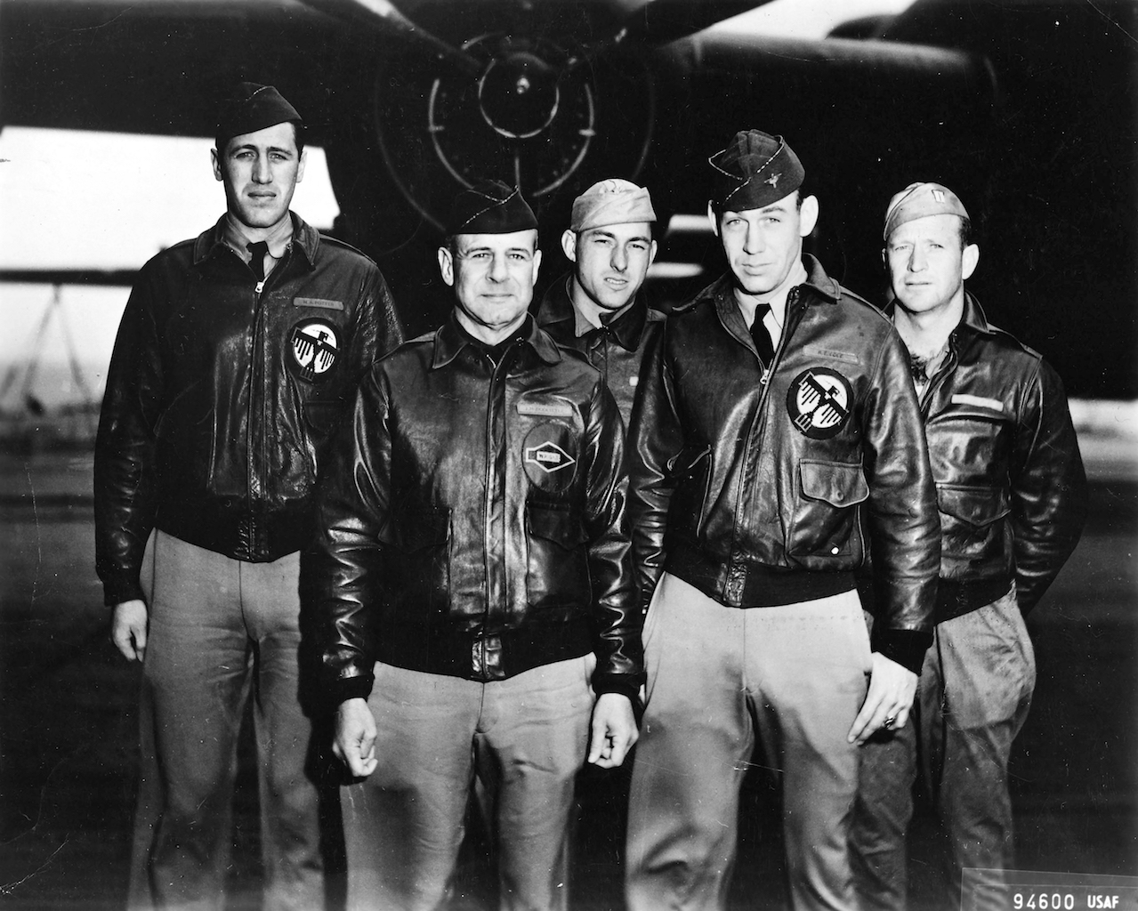 Doolittle Tokyo Raiders Crew 1 Left to Right: Lt. Henry A Potter, Navigator- Lt. Col. James H. Doolittle, Pilot - S/Sgt Fred A Braemer, Bombardier - Lt. Richard E. Cole, Co-Pilot - S/Sgt Paul J. Leonard, Engineer-Gunner