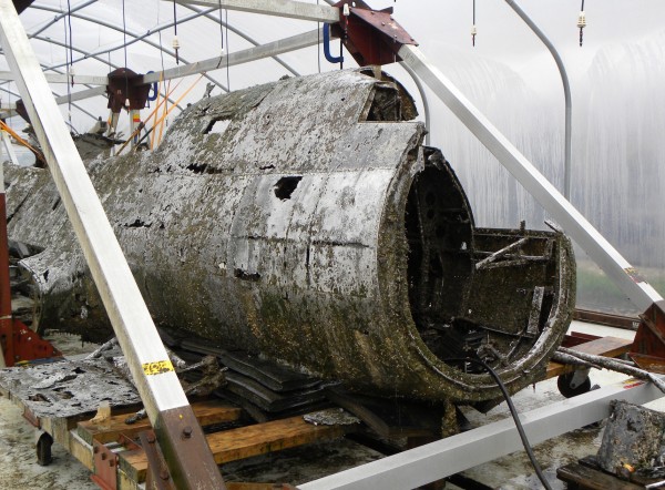 The port side of the Dornier's forward fuselage (it is upside down) showing the results of cleaning efforts this past December. Compare this image to the one immediately below of the same fuselage section shortly after recovery last June. (photo credit: © Trustees of the Royal Air Force Museum 2014)