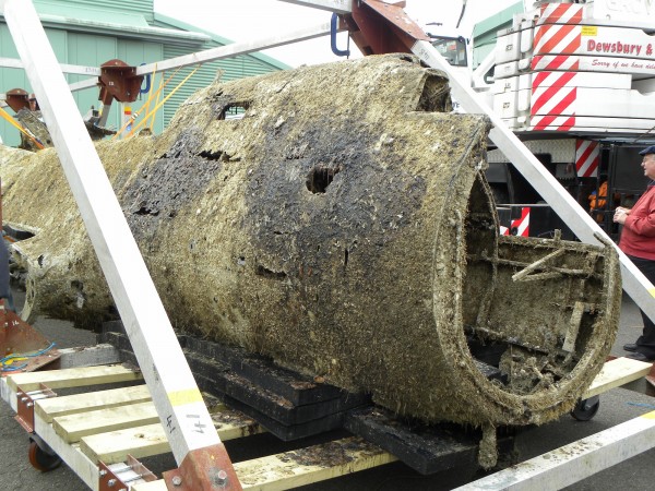 The port side of the Dornier's forward fuselage (it is upside down) shortly after it was recovered last June. Compare this image to the one immediately above of the same fuselage section in December. (photo credit: © Trustees of the Royal Air Force Museum 2014)