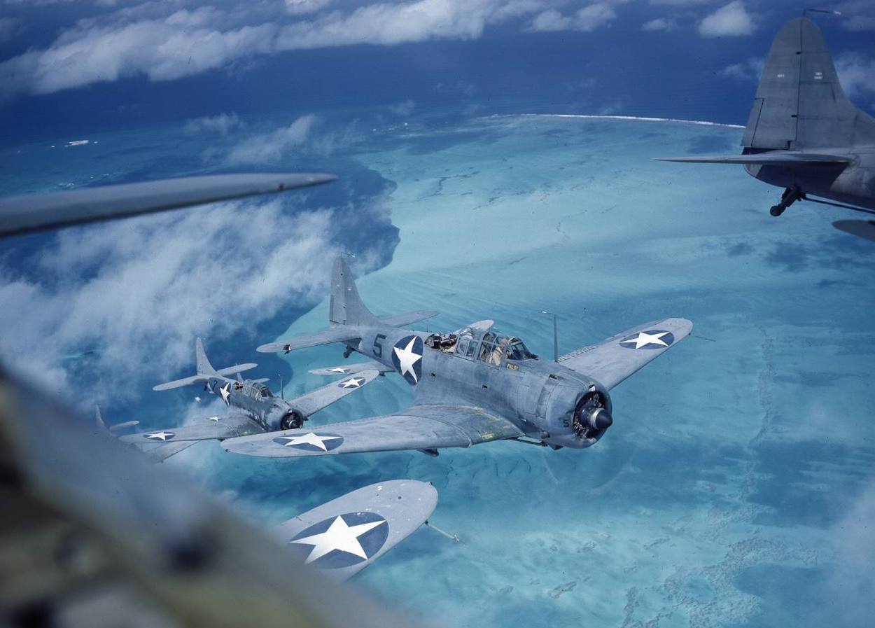 Douglas SBD Dauntless dive bombers over the Pacific during 1943
