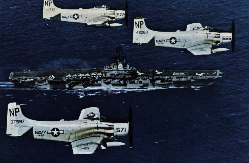 Above Rivalries: A Navy–Air Force Rescue That Defined Service 13 Douglas A 1 Skyraiders of VA 215 in flight over USS Hancock CVA 19 circa in 1963