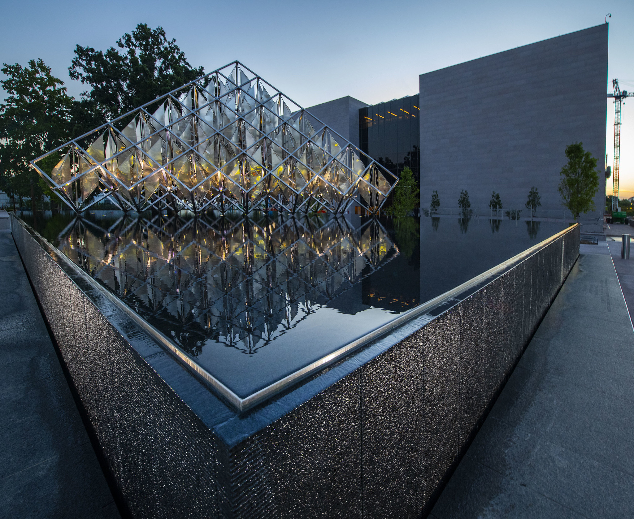 Early morning view of the Delta Solar Sculpture and new fountain at the southeast corner of the Smithsonians National Air and Space Museum in Washington DC