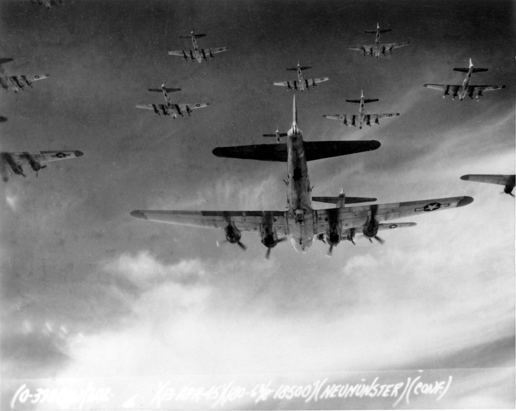 Today In Aviation History: First Combat Flight of the Boeing B-17 Flying Fortress 12 Eight Air Force B 17 Flying Fortresses from the 398th Bombardment Group fly a bombing run to Neumunster Germany on April 13 1945