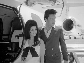Elvis and Priscilla on their wedding day with Sinatras Learjet.