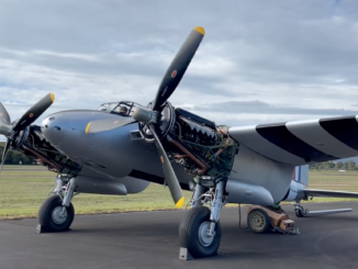 DH Mosquito T.43 NZ2308/ZK-PWL about to start its two Rolls-Royce Merlins for the first time in nearly 70 years. [Screenshot from Avspecs Ltd video on Facebook]