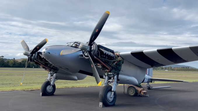DH Mosquito T.43 NZ2308/ZK-PWL about to start its two Rolls-Royce Merlins for the first time in nearly 70 years. [Screenshot from Avspecs Ltd video on Facebook]