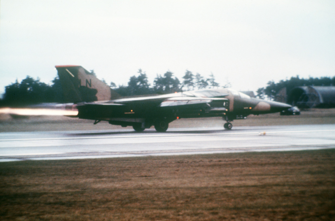 An F-111F Aardvark from the 495th Tactical Fighter Squadron launches in support of Operation El Dorado Canyon at Royal Air Force Lakenheath, England, April 14, 1986. The operation was the conclusion of extensive joint service and multinational military cooperation designed to ensure the complete and total destruction of terrorist training camps linked to the attack in the African nation of Libya. (Courtesy photo)