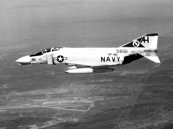 A U.S. Navy McDonnell F-4B-14-MC Phantom II (BuNo 150651) of Fighter Squadron VF-161 "Chargers" in flight over Naval Air Station Miramar, California (USA), in September 1964.(U.S. Navy National Museum of Naval Aviation photo No. 1996.253.7293.00)