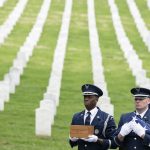 Airmen from the U.S. Air Force Honor Guard, airmen the U.S. Air Force Band’s Ceremonial Brass and soldiers from the U.S. Army’s 3d U.S. Infantry Regiment (The Old Guard) Caisson Detachment conduct full military funeral honors with escort for U.S. Air Force Col. Clarence “Bud” Anderson in Section 38 of Arlington National Cemetery, Arlington, Virginia, Monday, March 30, 2026.(U.S. Army photo by Elizabeth Fraser / Arlington National Cemetery / released)