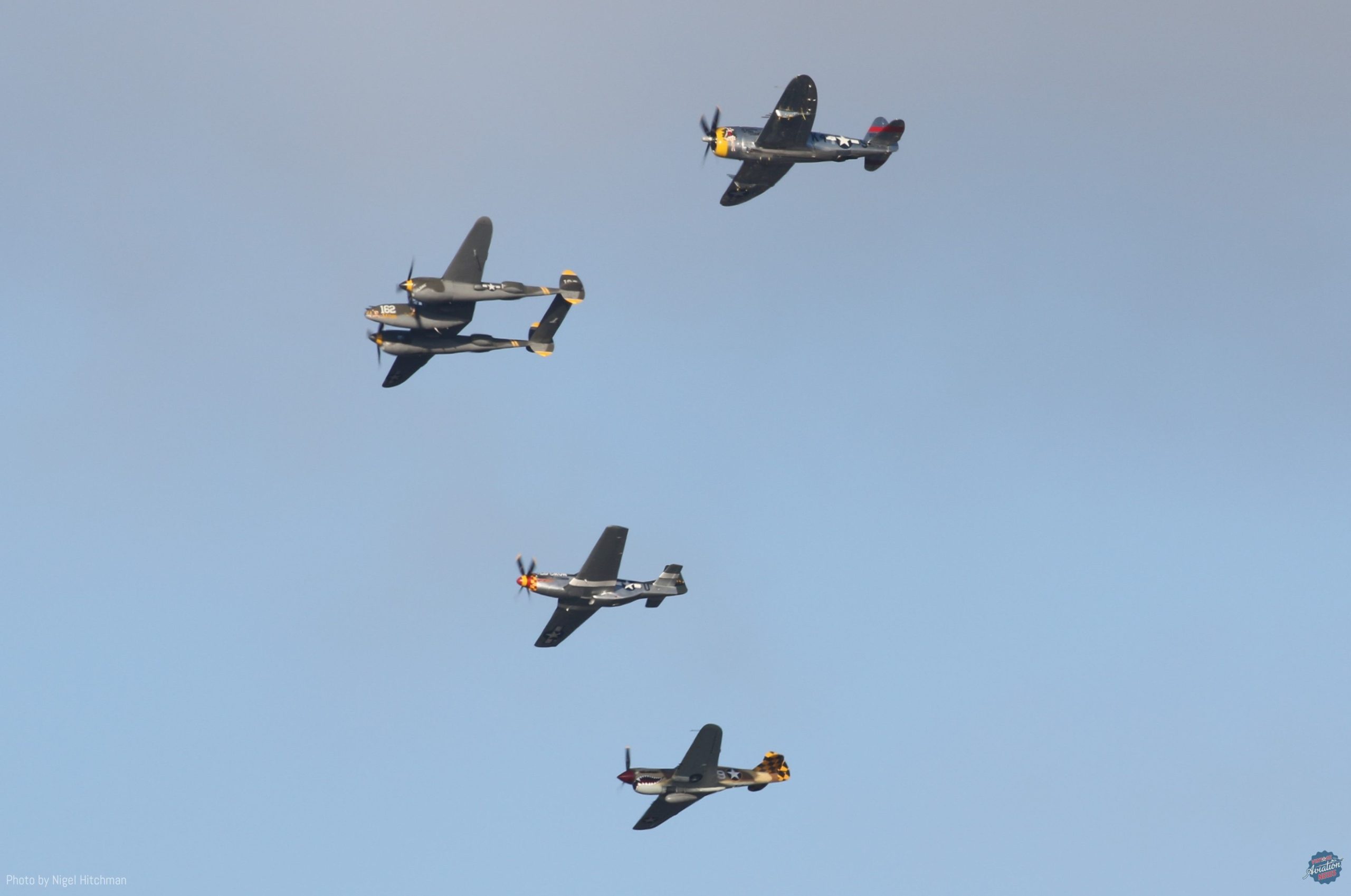 Finger Four formation with Allied Fighters P 47D Dottie Mae and the Planes of Fame s P 38 23 Skidoo P 51 Wee Willy II and P 40 1 scaled