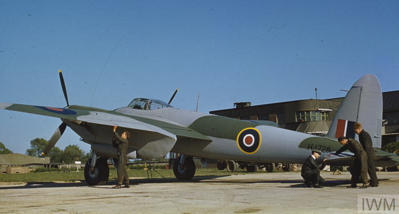 Fitters making adjustments to the tailplane of Mosquito HJ728 at Hatfield IWM photo