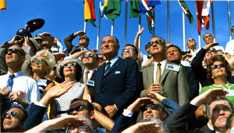 Former President Lyndon B. Johnson and then-current Vice President Spiro Agnew are among the spectators at the launch of Apollo 11, which lifted off on July 16, 1969. (NASA photo)