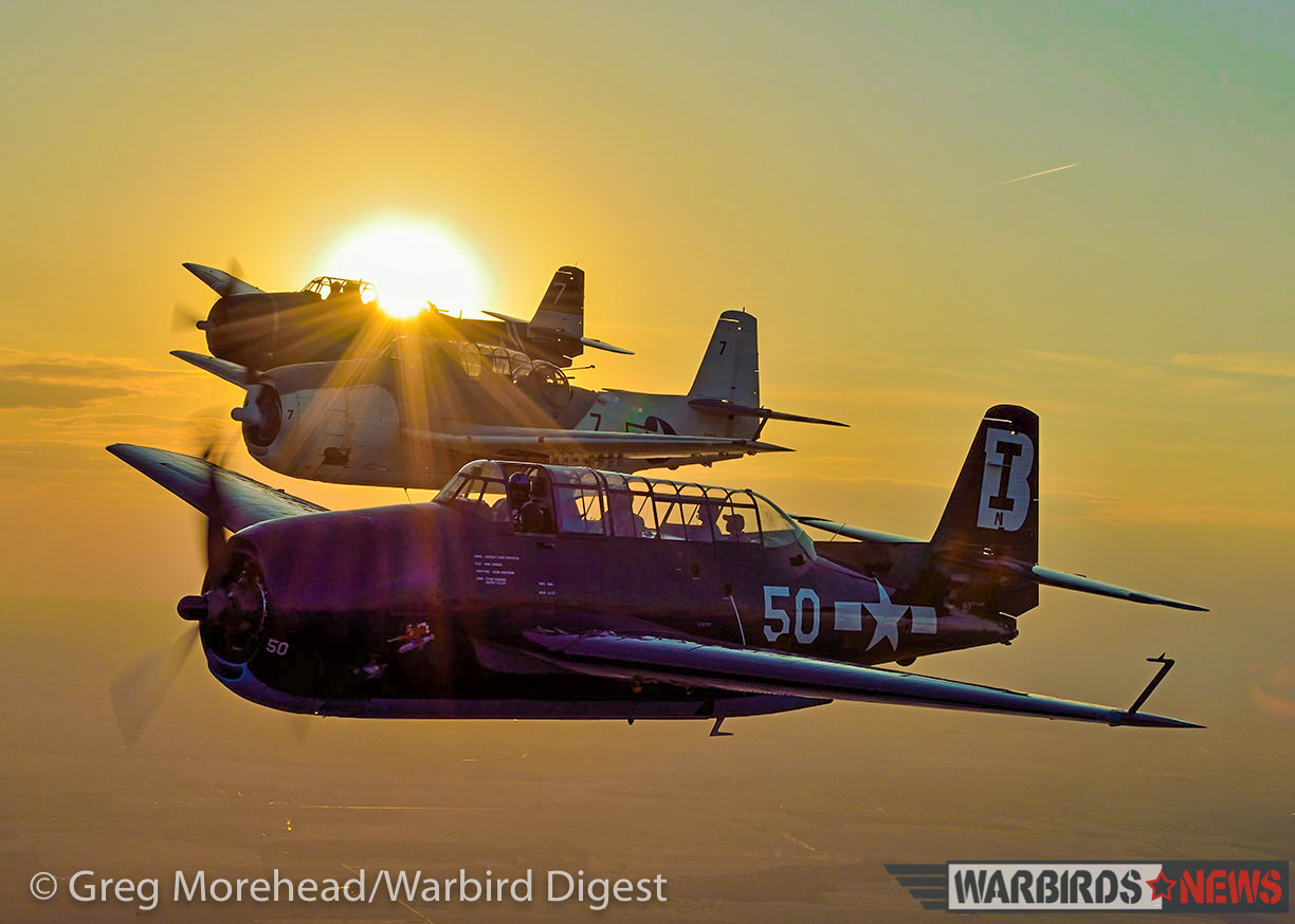 A glorious sunset formation shot of three TBMs. TBM-3E Bu.85650 is in the foreground with TBM-3E Bu. 85882 'Ida Red' in the middle and Brad Deckert's TBM-3E Bu.85828 in the background. (photo by Greg Morehead, courtesy Warbird Digest magazine)