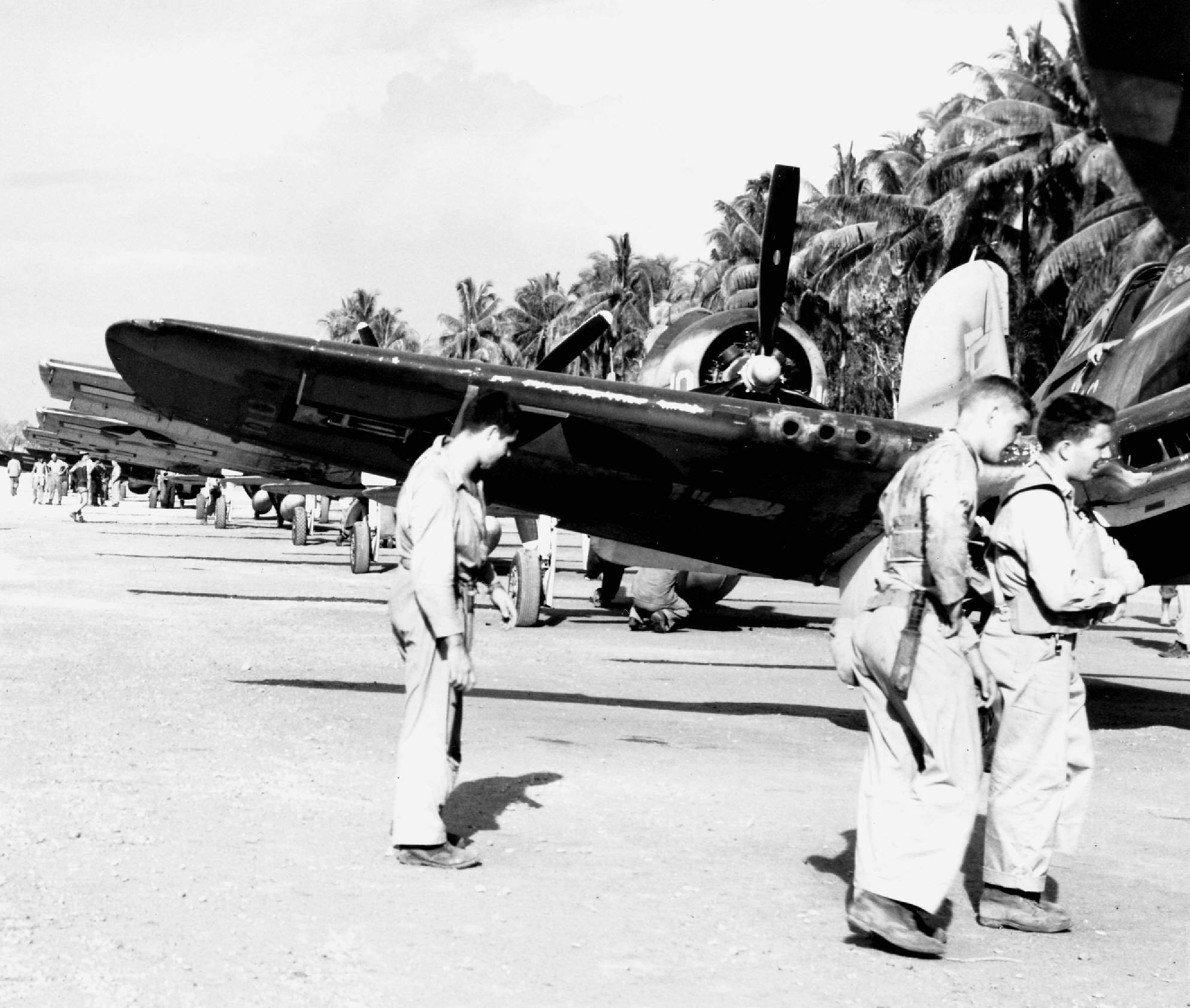 George Ashman Bill Heier & Ed Harper of VMF-214 at Cape Torokina. (Photo by Bruce Gamble Collection)