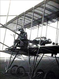 Giulio Gavotti at the controls of a Farman biplane Rome 1910