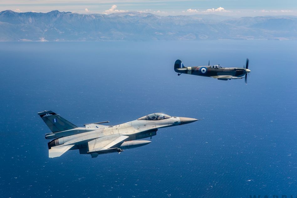 HAF F 16 and Supermarine Spitfire Mk.IXc MJ755