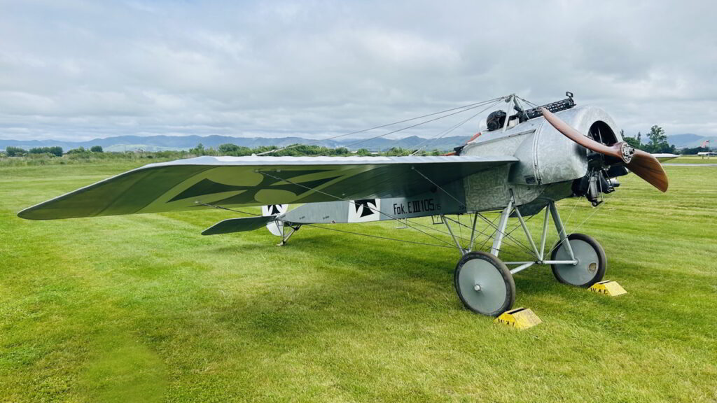 TVAL's first Fokker E.III Eindecker reproduction at rest between flights. [Photo by Historical Aviation Film Unit]