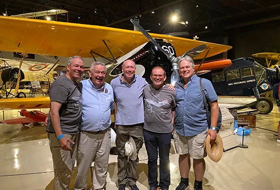 Hans Storck Rainer Berndt Fred Barber John Saunders and Matt Bauer in front of Ralph Rosaniks P 6E Hawk replica EAA