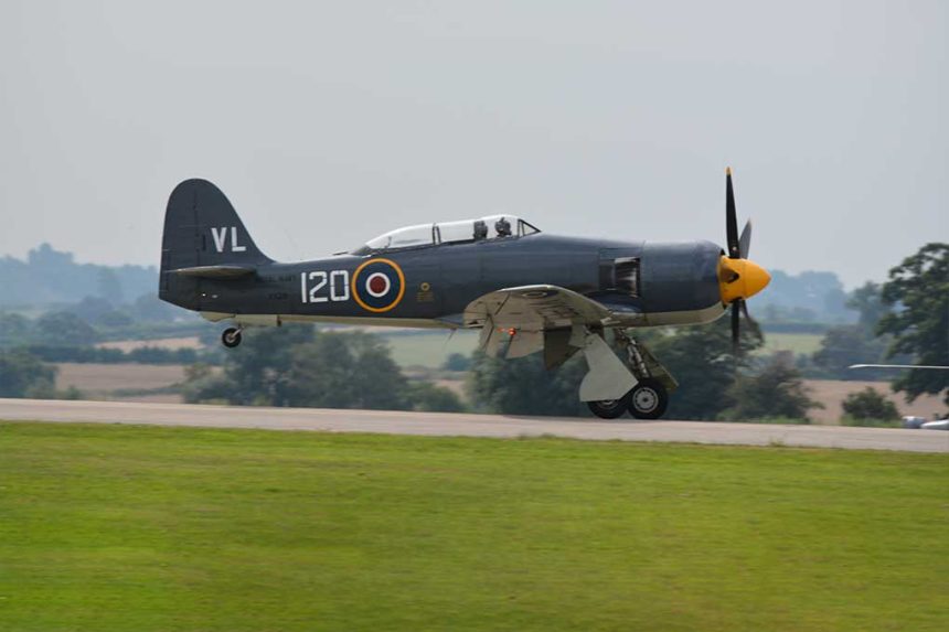 Hawker Sea Fury T20 VX281 G RNHF underway at the Yeovilton Airshow 2014
