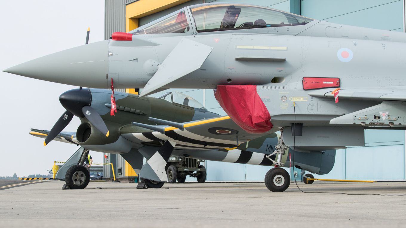 Hawker Typhoon behind Eurofighter Typhoon at RAF Coningsby 2018. Image taken by SAC James Skerrett RAF