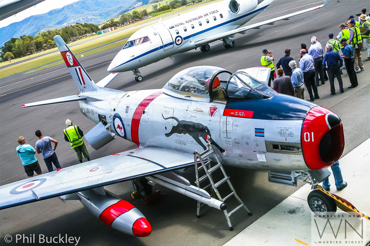 The HARS Sabre A94-901 in the foreground as Chief of Air Force Davies gets ready to depart in his Challenger. Interestingly, this CAC-built Sabre is the very first example to fly with the RAAF. (photo by Phil Buckley)
