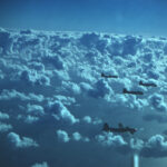 Image Description Boeing B 17 Flying Fortress aircraft in flight over the English Channel circa 1944 1945