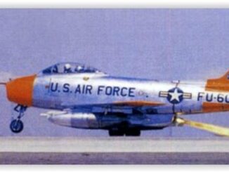 JF 86F F 86FR 52 4608 firing its Rocketdyne engine on takeoff Estrella Warbirds Museum