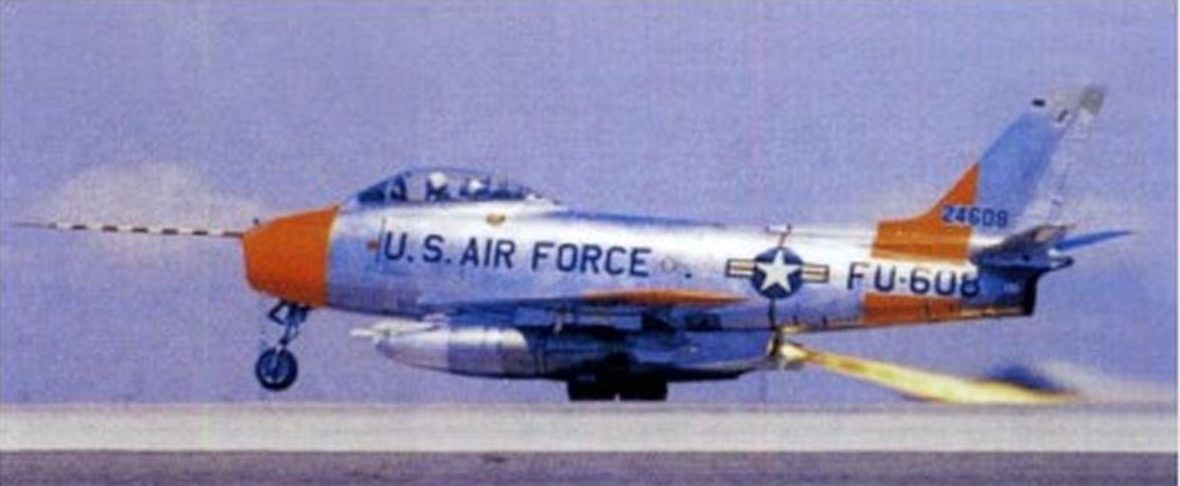 Fuselage of Record-Setting JF-86F Sabre Arrives at Estrella Warbirds Museum 11 JF 86F F 86FR 52 4608 firing its Rocketdyne engine on takeoff Estrella Warbirds Museum e1788804980290