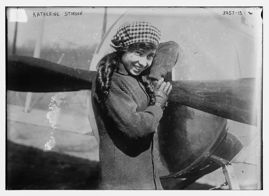 Katherine Stinson and her airplane ca. 1915. Library of Congress