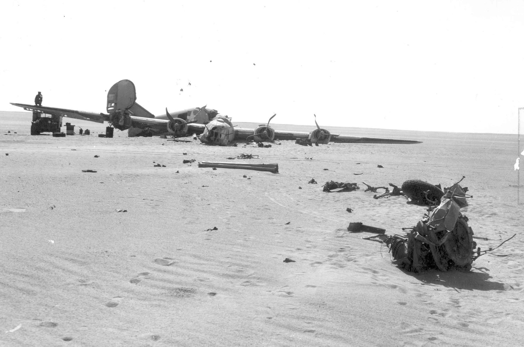 Aircraft parts were strewn by the Consolidated B-24D "Lady Be Good" as it skidded to a halt amid the otherwise emptiness of the desert. (U.S. Air Force photo)