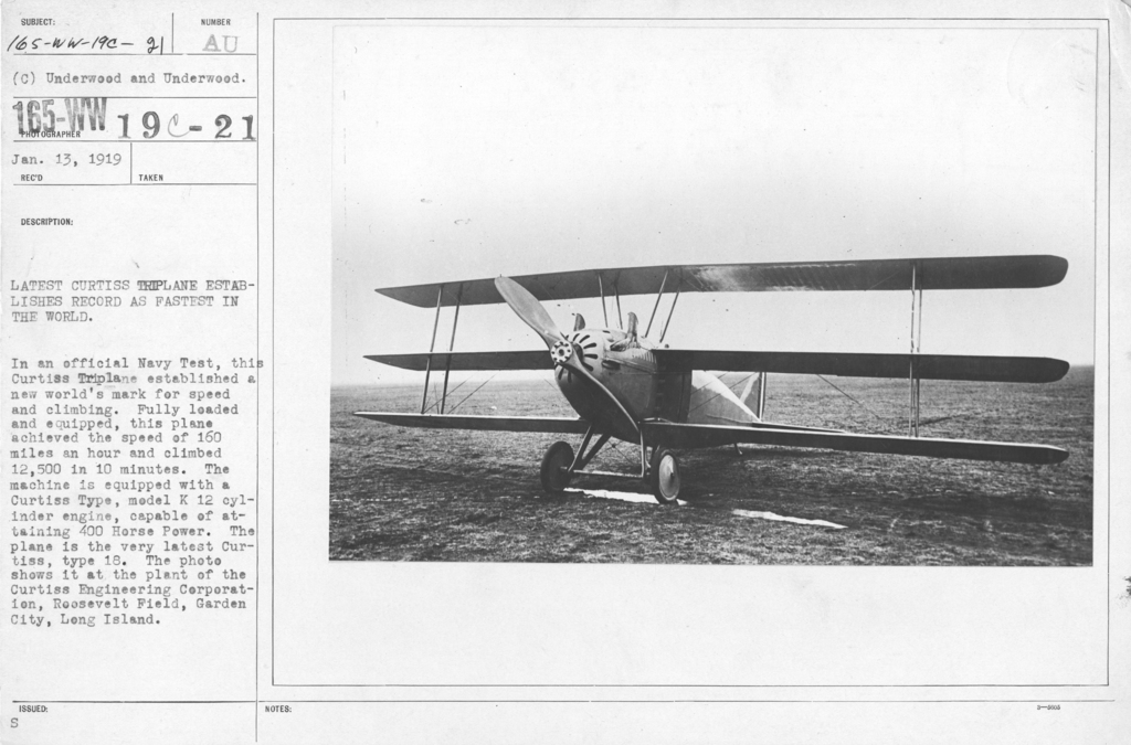 Latest Curtiss triplane establishes record as fastest in the world. In an official Navy Test this Curtiss Triplane established a new worlds mark for speed and climbin