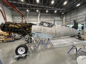 Left side profile of the Bf 109 on the floor of the Engen Restoration Hangar (Credit: Michael Dobrzelecki)