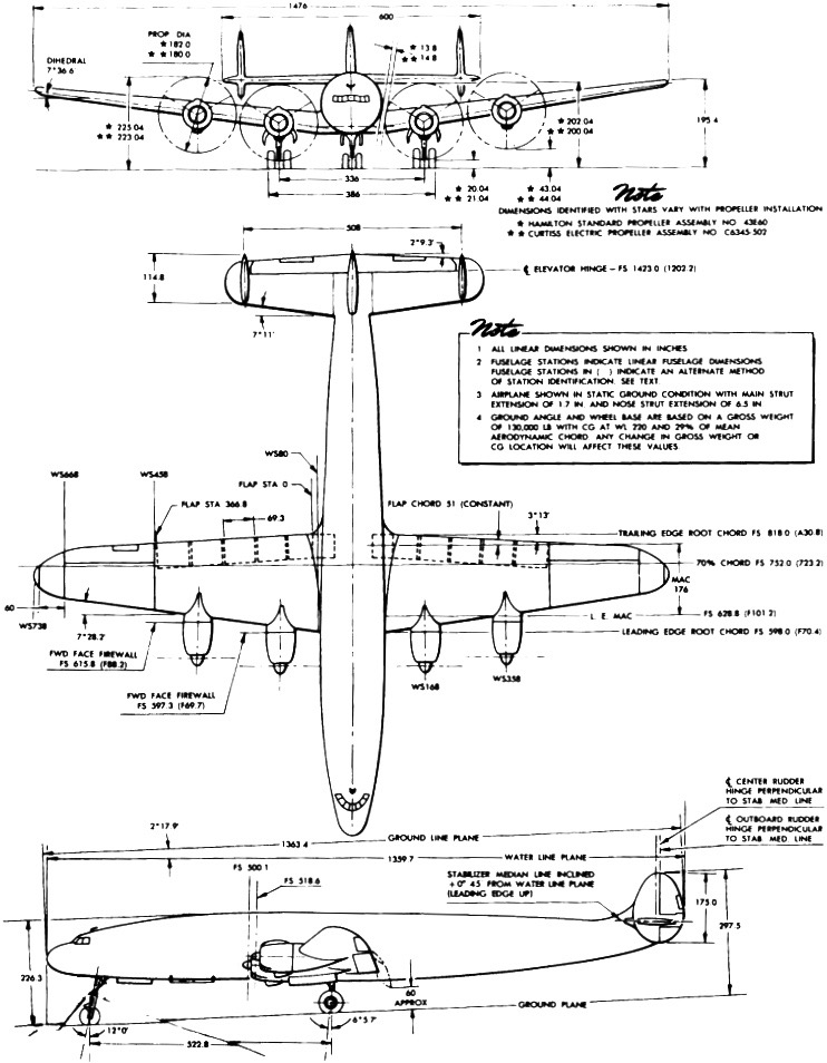 Lockheed L 1049 Super Constellation three view illustration with dimensions. Lockheed Aircraft Corporation