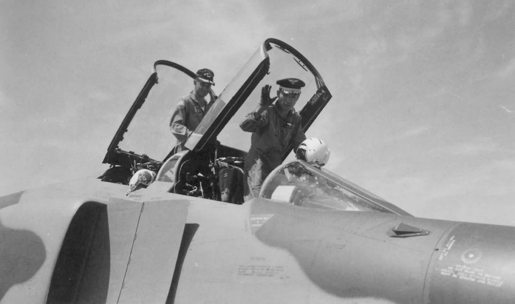 Lt. Col. Kang Shin koo waves from the cockpit of his F 4D after arrival at Daegu Air Base on August 29 1969. ROKAF