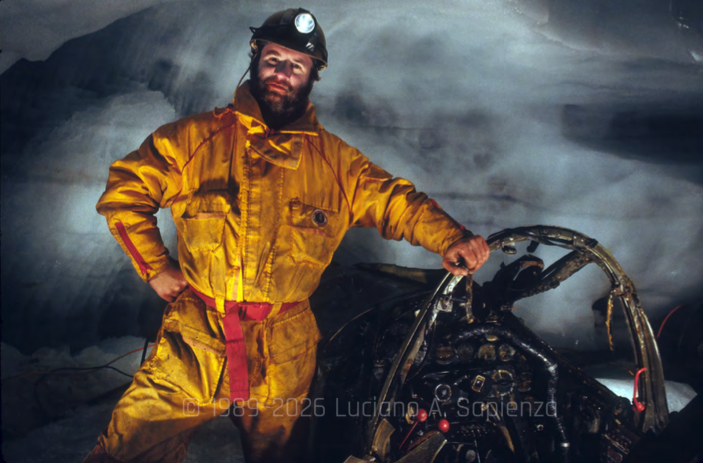 268ft Beneath the Ice — Luciano Sapienza and the Miracle of the P-38 Lightning “Glacier Girl” 13 Luciano Sapienza poses next to the cockpit of the P 38 Lightning Glacier Girl 1